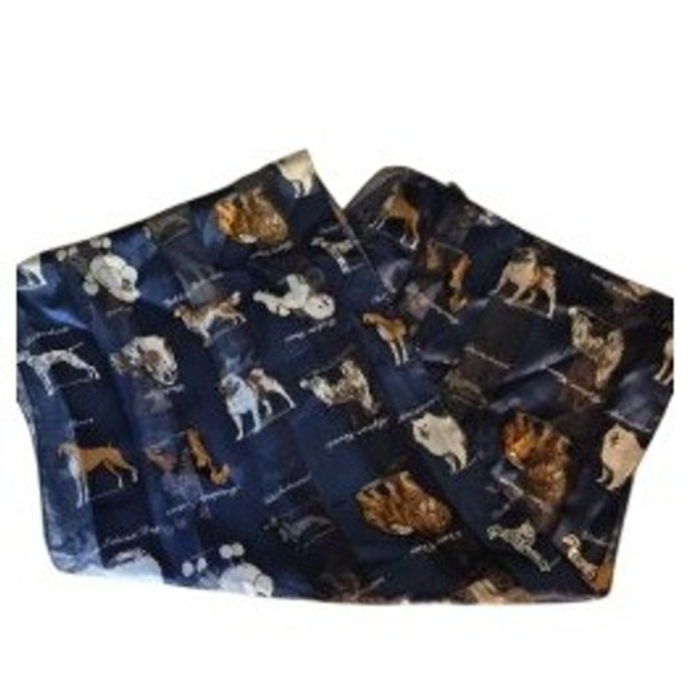 Navy Blue Dog Breed Print Scarf Polyester Silk Feel Animal Novelty Accessory